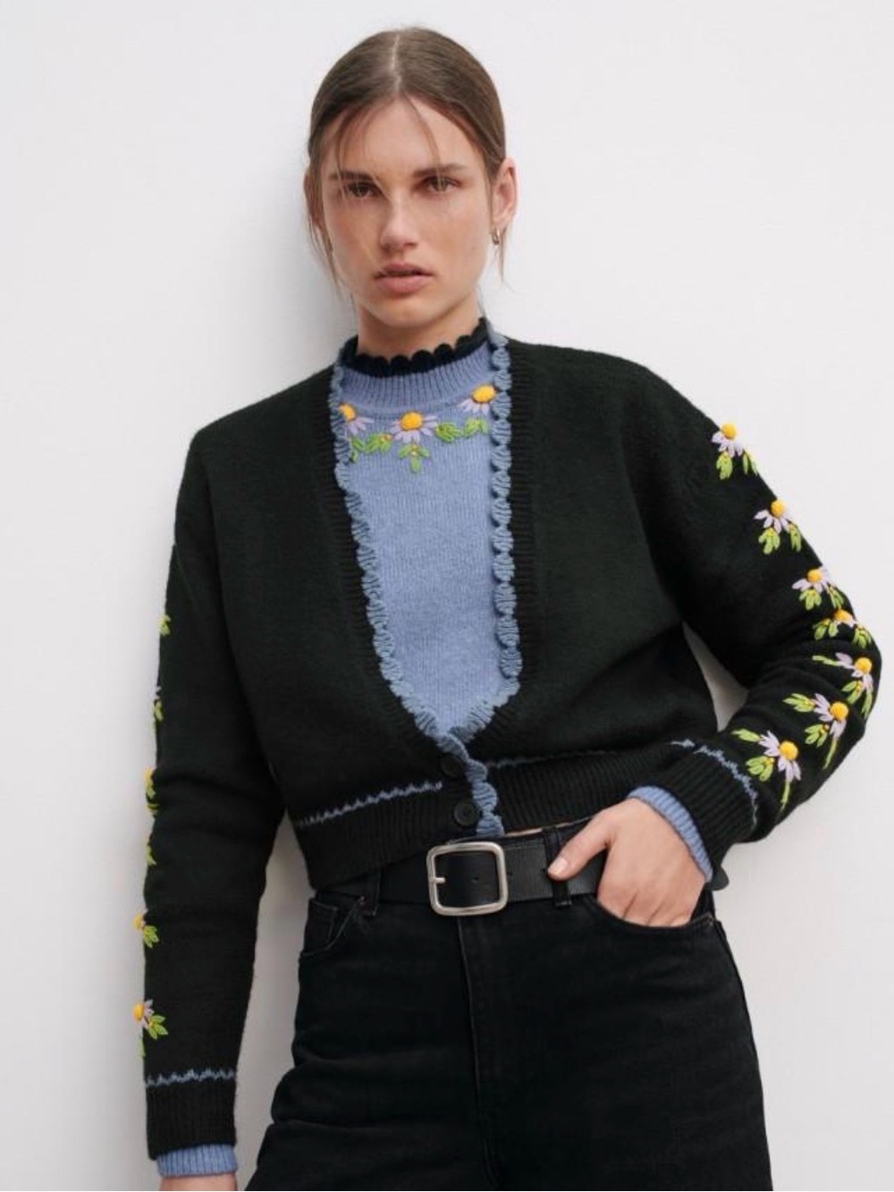 Zara Black Cropped Cardigan with Yellow & Green Floral Embroidery and Blue Trim
